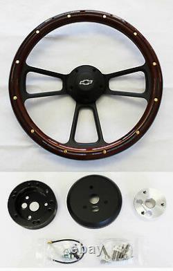 48-59 Chevy Chevrolet Truck Mahogany Wood on Black Steering Wheel 14 Bowtie Cap