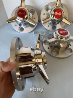 (4) 3 Bar Spinner & Center Caps For 5 Lug Chevy Truck Rally Wheels, Red Flags