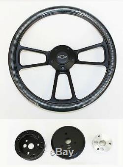 60-69 C10 C20 C30 Chevy Truck Carbon Fiber & Black Steering Wheel 14 Bowtie Cap