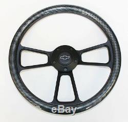 60-69 C10 C20 C30 Chevy Truck Carbon Fiber & Black Steering Wheel 14 Bowtie Cap