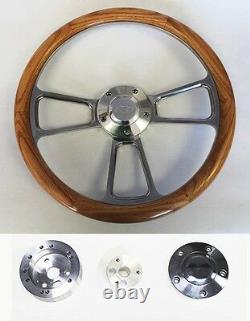60-69 C10 C20 C30 Chevy Truck Oak Wood Steering Wheel & Billet 14 Bowtie Cap