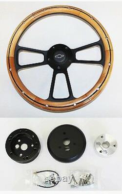 60-69 Chevy Truck C10 Steering Wheel Alder Wood with Black Spokes 14 Bowtie Cap