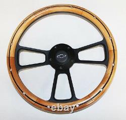 60-69 Chevy Truck C10 Steering Wheel Alder Wood with Black Spokes 14 Bowtie Cap