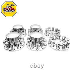 Chrome Semi Truck Front & Rear Wheel Axle Cover Hub Cap 33mm Thread-On Lug Nuts