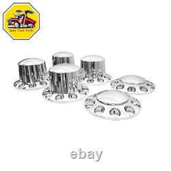 Chrome Semi Truck Front & Rear Wheel Axle Cover Hub Cap 33mm Thread-On Lug Nuts