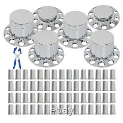 Chrome Semi Truck Front & Rear Wheel Axle Cover Hub Cap Thread-On 33mm Lug Nuts