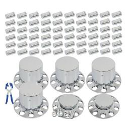 Chrome Semi Truck Front & Rear Wheel Axle Cover Hub Cap Thread-On 33mm Lug Nuts