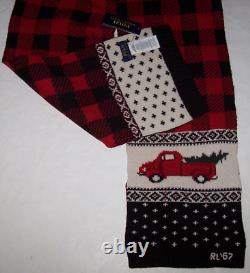 NWT Polo Ralph Lauren $226 Knit Scarf & Beanie Hat SET Black/Red Xmas Tree/Truck