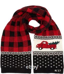 NWT Polo Ralph Lauren $226 Knit Scarf & Beanie Hat SET Black/Red Xmas Tree/Truck