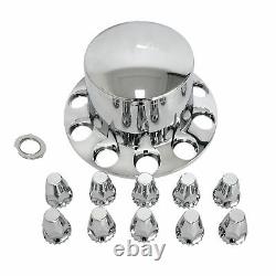 New Chrome Axle Cover Kit With Round Hub Cap Front & Rear 33mm Lug Nuts Semi Truck