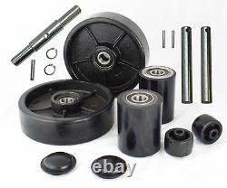 Pallet Jack/Truck Poly Wheels Full Set with Axles, Bearings, Entry Rollers, Caps