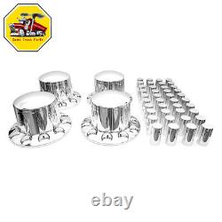 Semi Truck Chrome Rear Wheel Axle Cover Hub Cap 33mm Thread-On Lug Nuts Set of 4