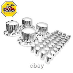 Semi Truck Chrome Rear Wheel Axle Cover Hub Cap 33mm Thread-On Lug Nuts Set of 4