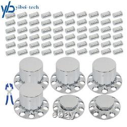 Semi Truck Front & Rear Chrome Wheel Axle Cover Hub Cap 33mm Lug Nuts Thread-On