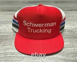 VINTAGE 3 Stripe Schwerman Trucking Mesh Trucker SnapBack Hat Made In USA MINT